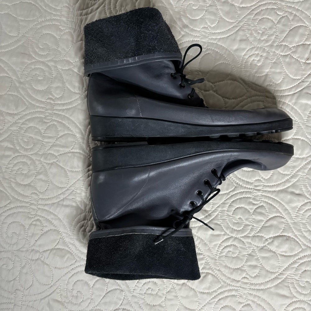 Seducta Stylish Leather and Suede Gray Fold-Over Granny Style Boots